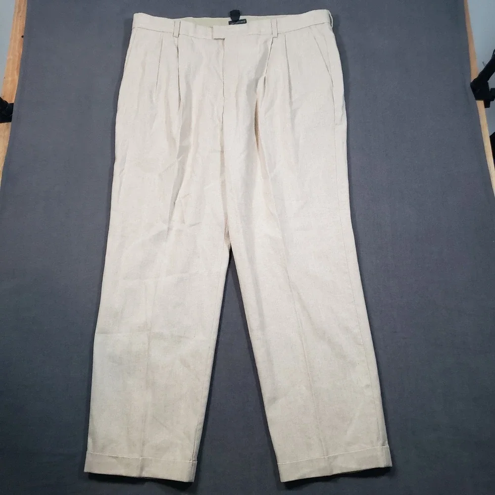 Dockers Recode Trousers Mens W42 L32 Beige Linen Cotton Pleated Cuffed Pants